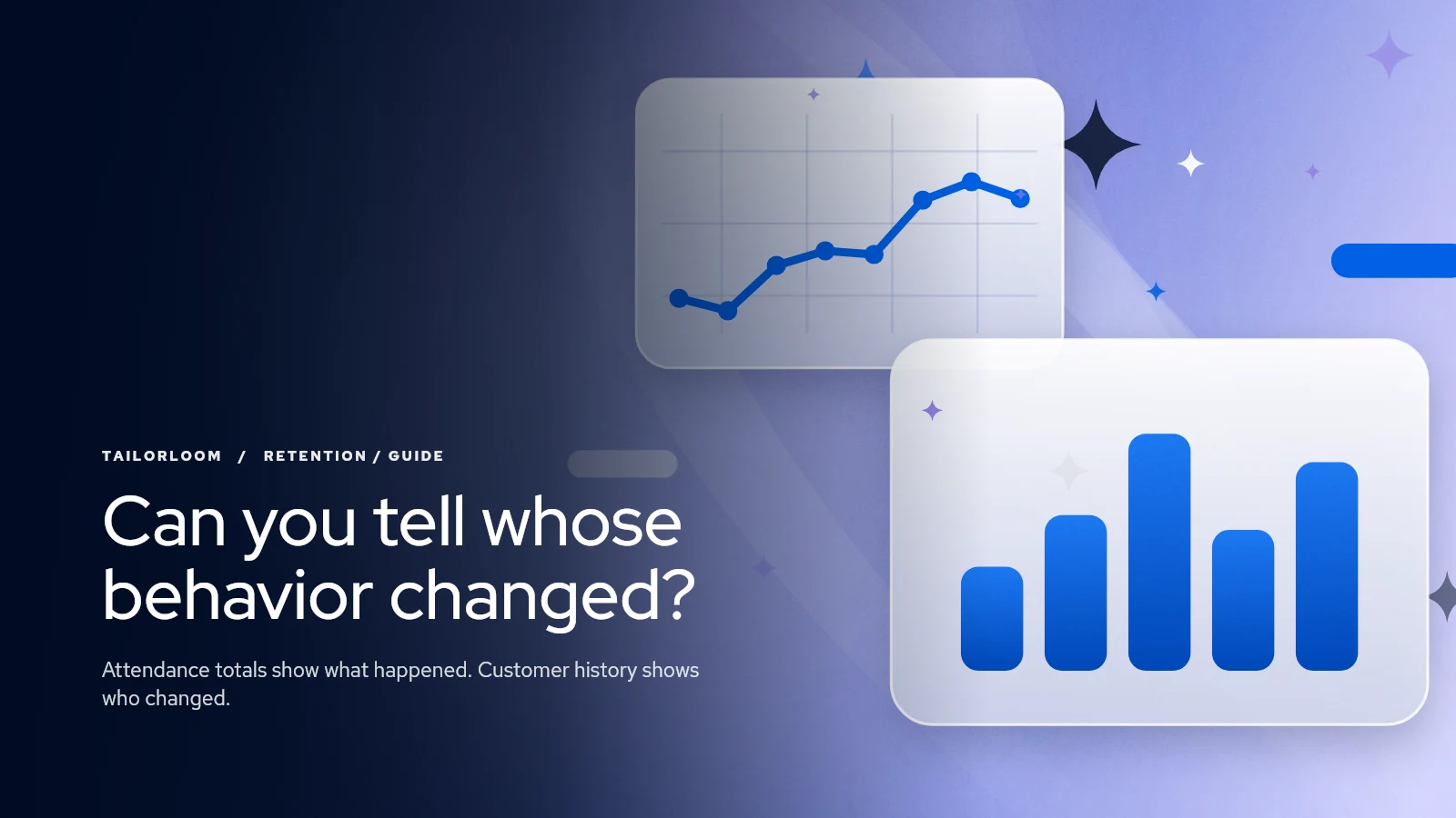 Abstract illustration of white interface cards with blue bar and trend charts on a soft lavender wash, with the headline “Can you tell whose behavior changed?”
