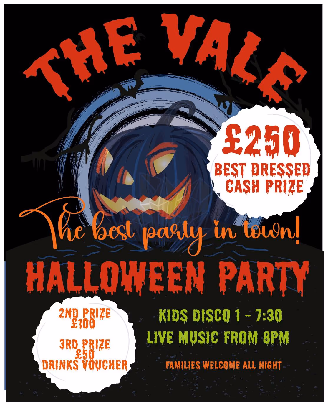 A poster showing a spooky pumpkin with on an event flyer for The Vale.