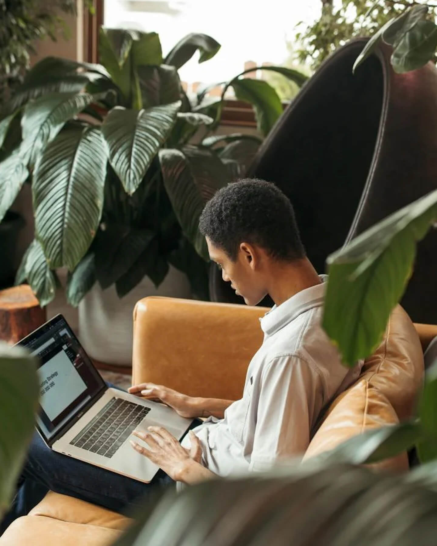 Joven profesional trabajando con un portátil en un sofá rodeado de plantas.