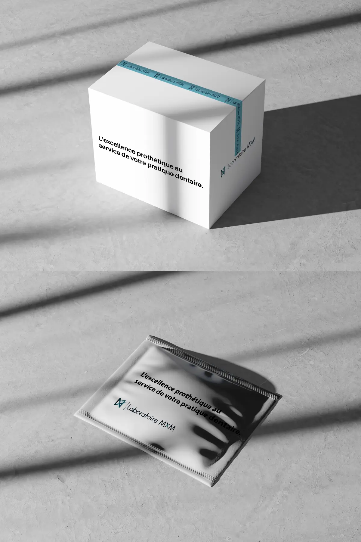 Mock-up de packaging (boîtes et sachets) réalisé pour le laboratoire MXM, par Metara. 
(service: identité visuelle)