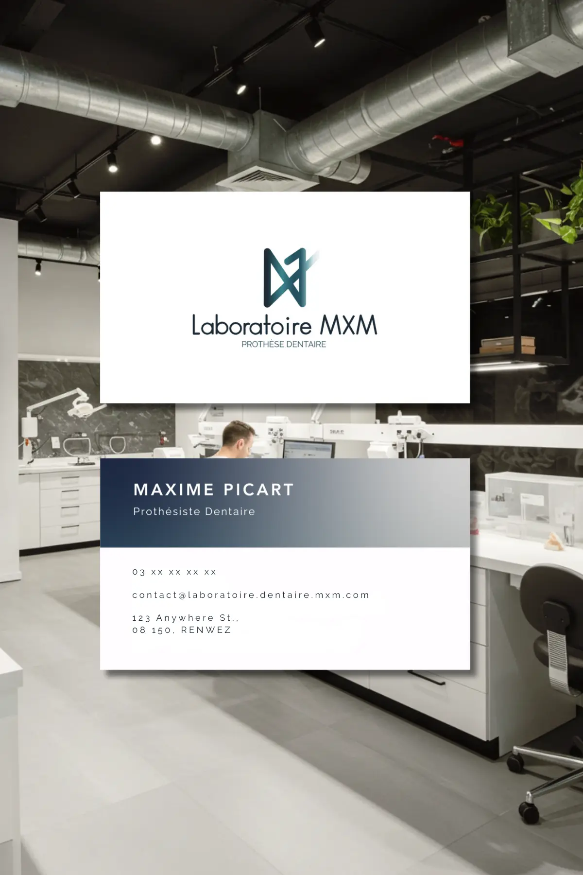 Carte de visite réalisée pour le laboratoire MXM, par Metara. 
(service: identité visuelle)