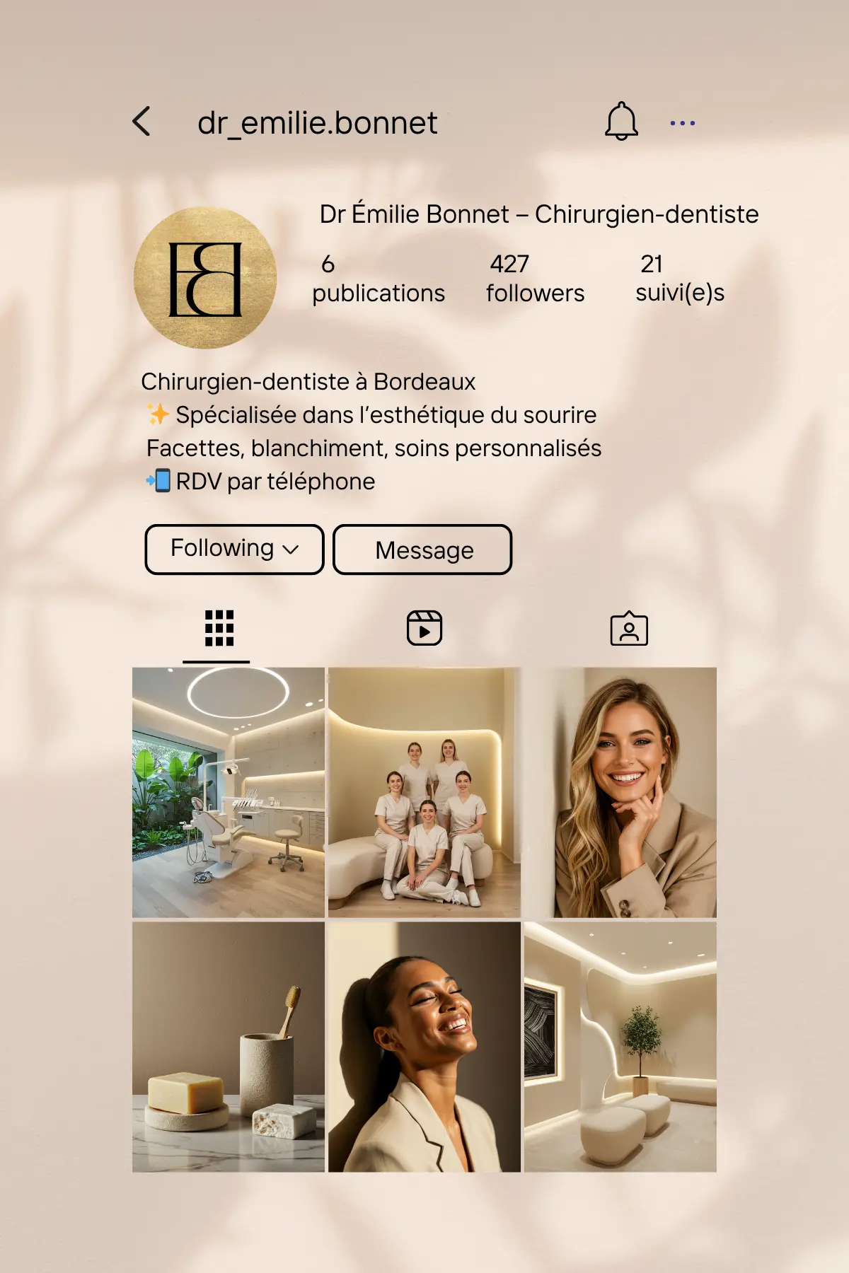 Exemple de feed Instagram pour le Dr Elise Bonnet, par Metara. 
(service: identité visuelle)
