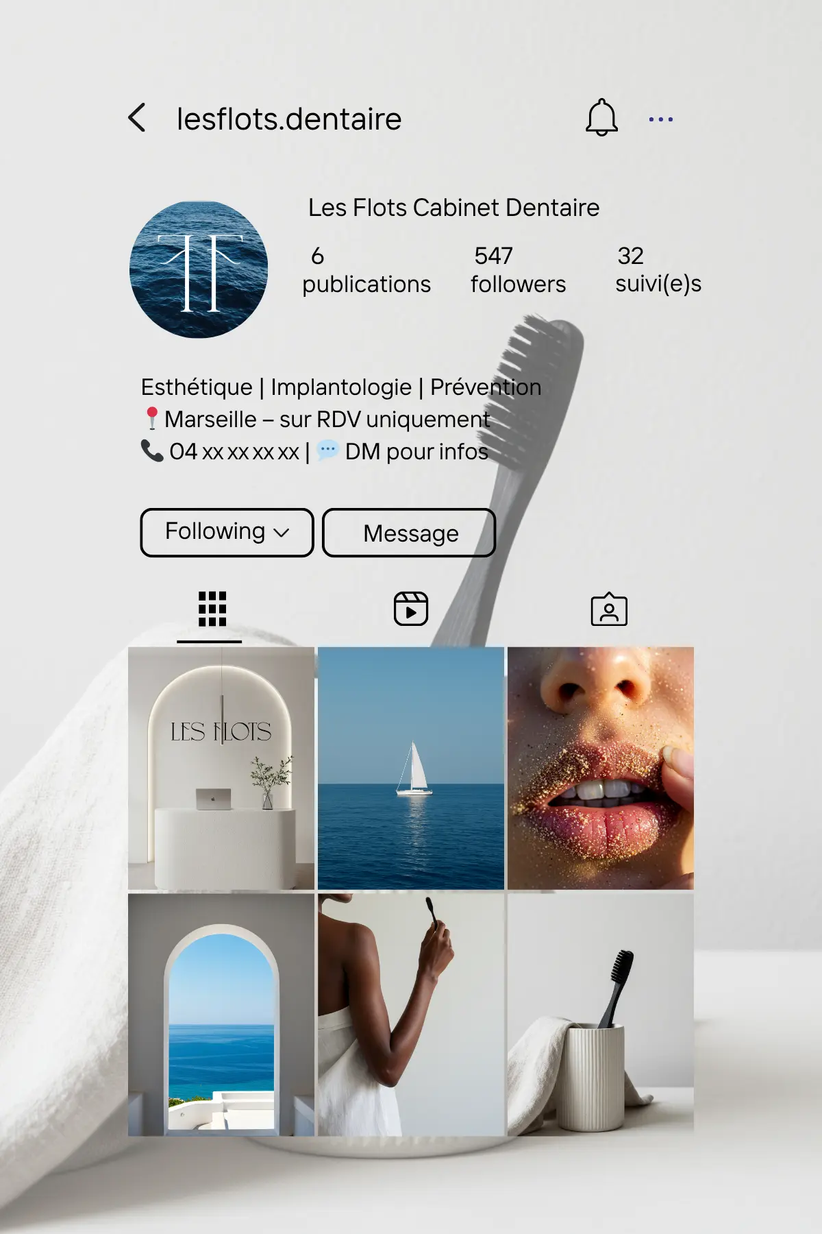 Exemple de feed Instagram réalisé pour le Cabinet Les Flots, par Metara.
(service: identité visuelle)