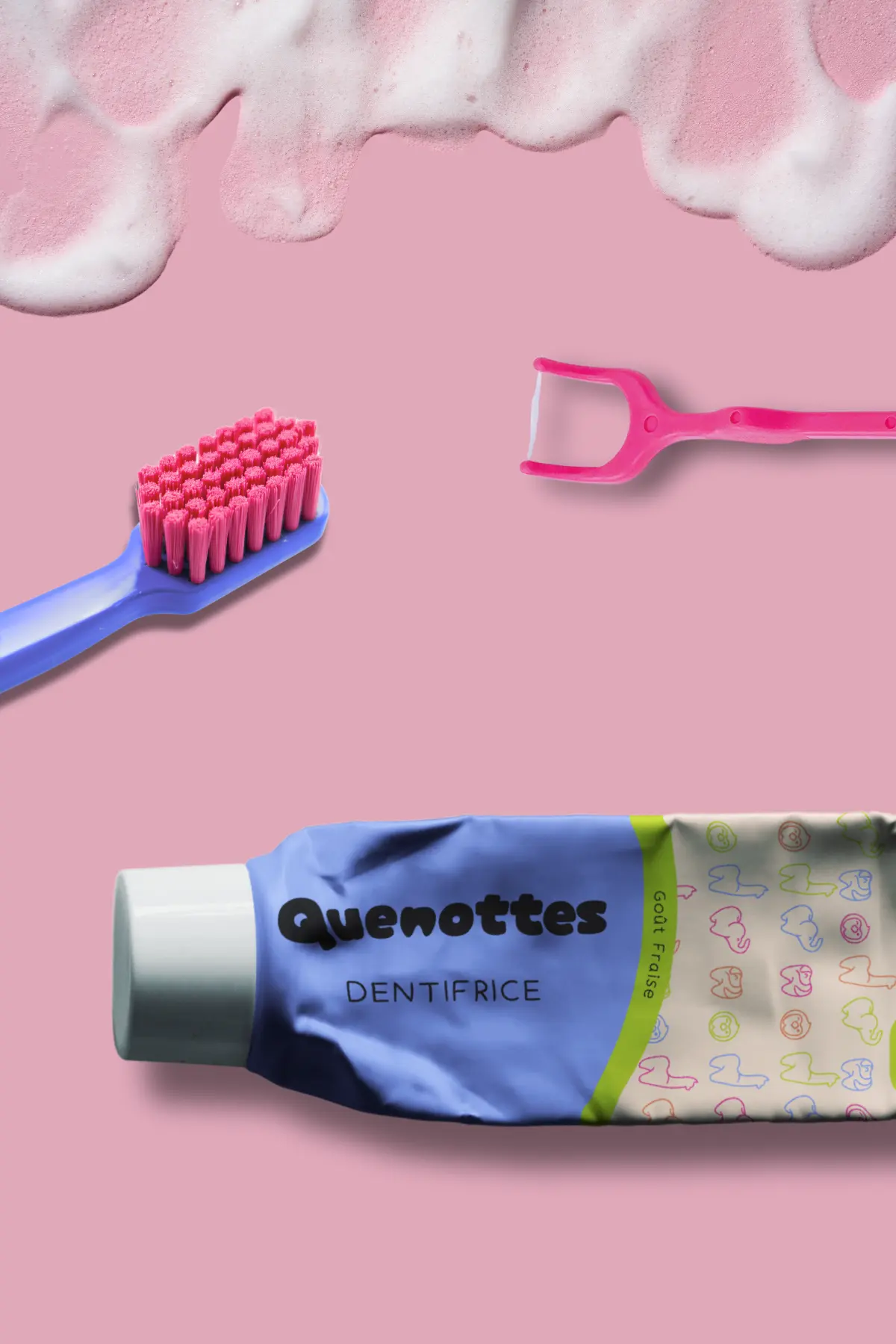 Mock-up de packaging (dentifrice) réalisé pour le Cabinet Quenottes, par Metara. 
(service: identité visuelle)