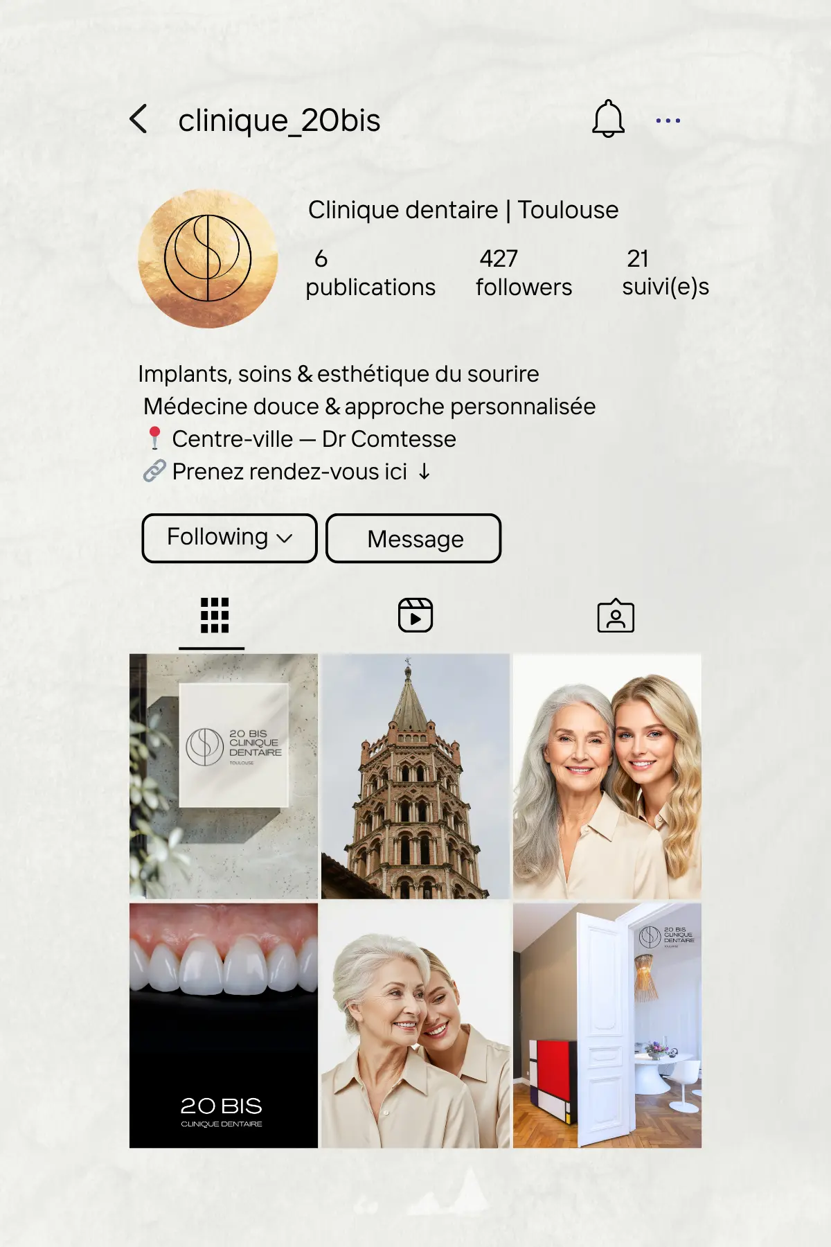 Exemple de feed Instagram pour le cabinet 20 BIS, par Metara. 
(service: identité visuelle)