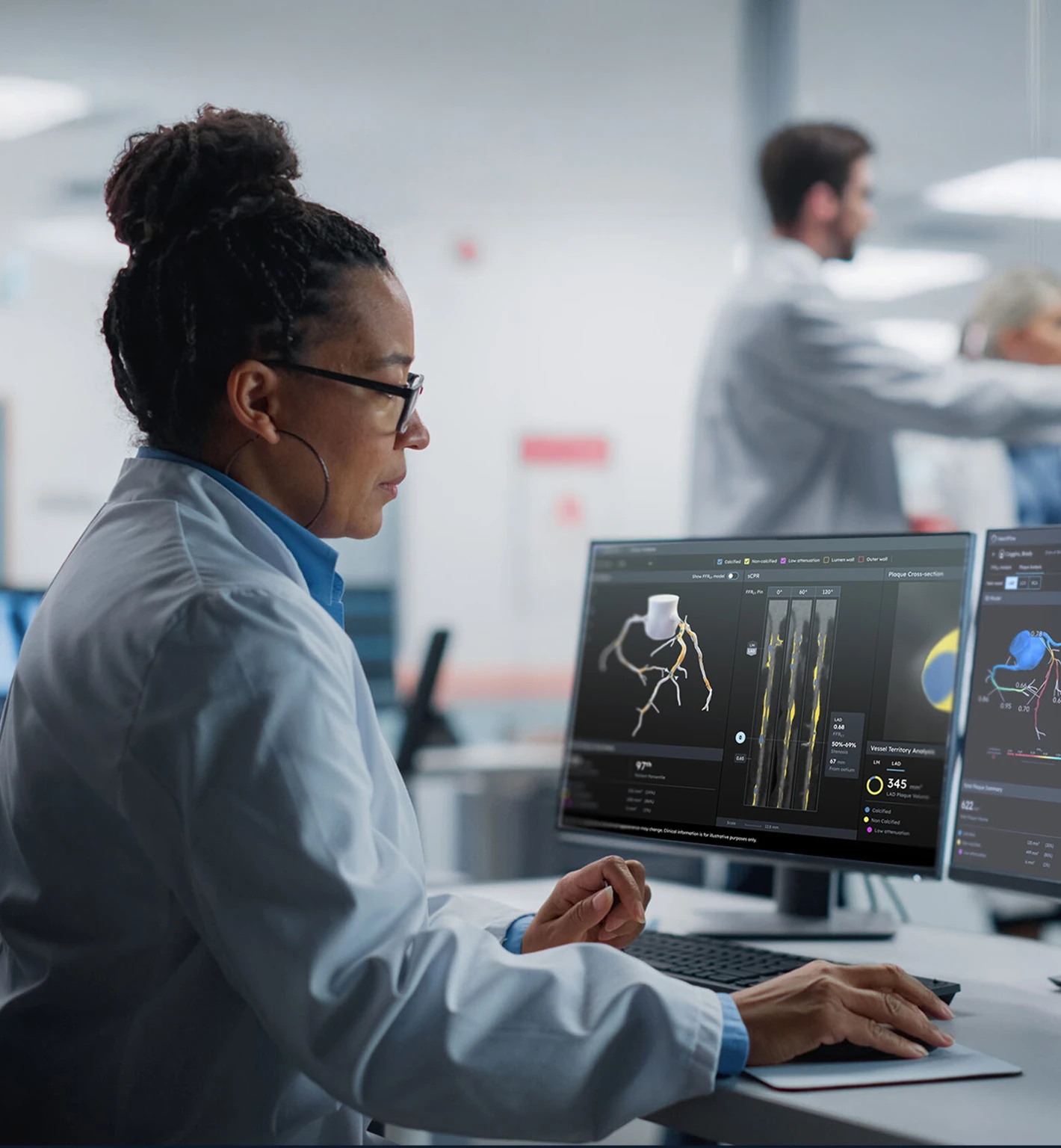 Female doctor in a lab coat analyzing 3D coronary artery scans on a computer in a medical office.
