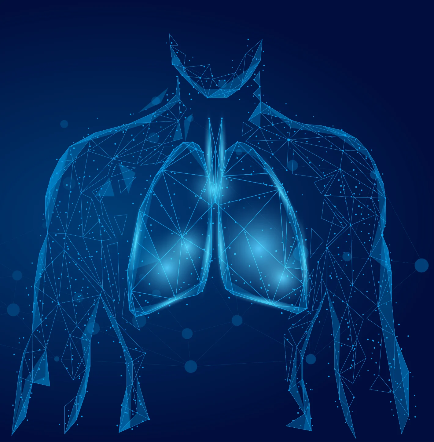 Digital blue wireframe illustration of human lungs and upper torso on dark background.