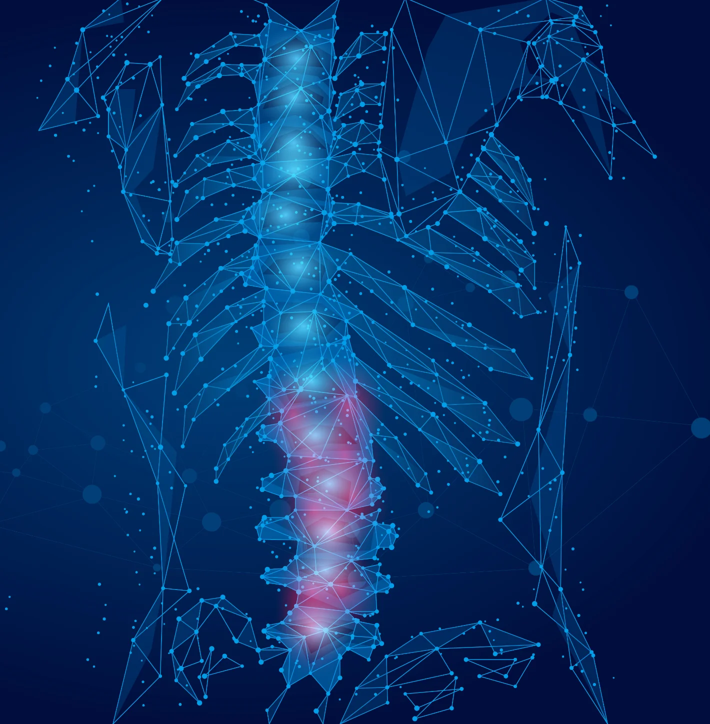 Digital illustration of a human spine with the lower back area highlighted in red, set against a dark blue background with connecting blue dots and lines.