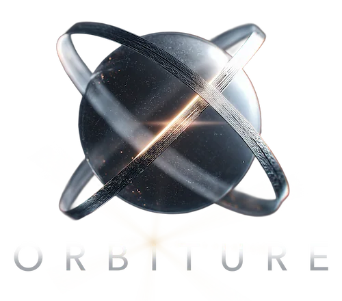 Circular Orbiture logo symbol with metallic rings orbiting a glowing sphere