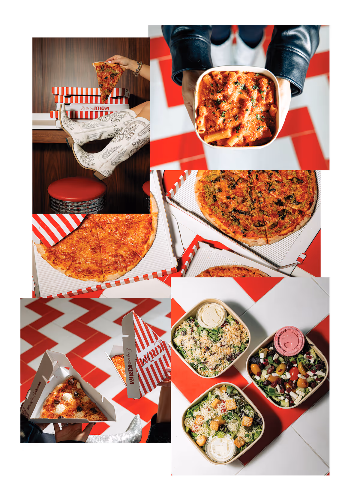 Collage of pizza slices, pizza boxes, two salads with dressings, and a container of baked pasta on a red and white tiled floor.