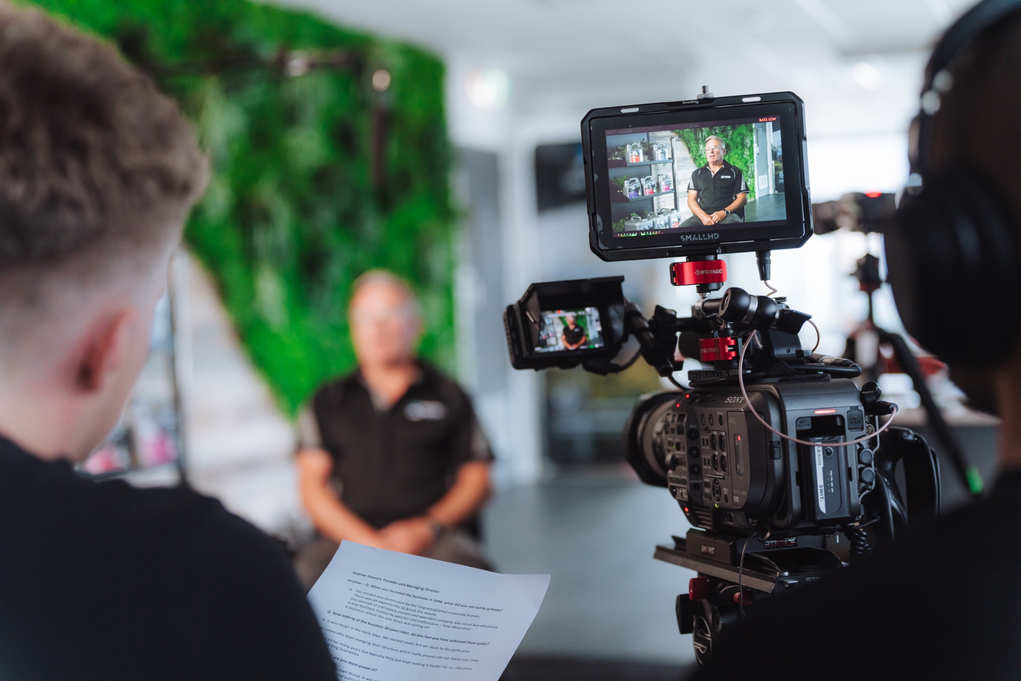 Refined interview setup with cinema camera and monitor