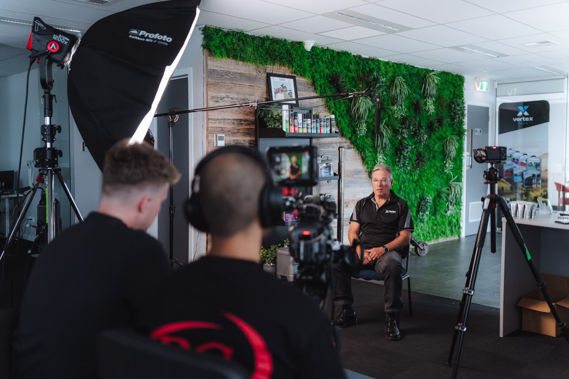 Refined crew filming an executive interview for Vertex Lubricants