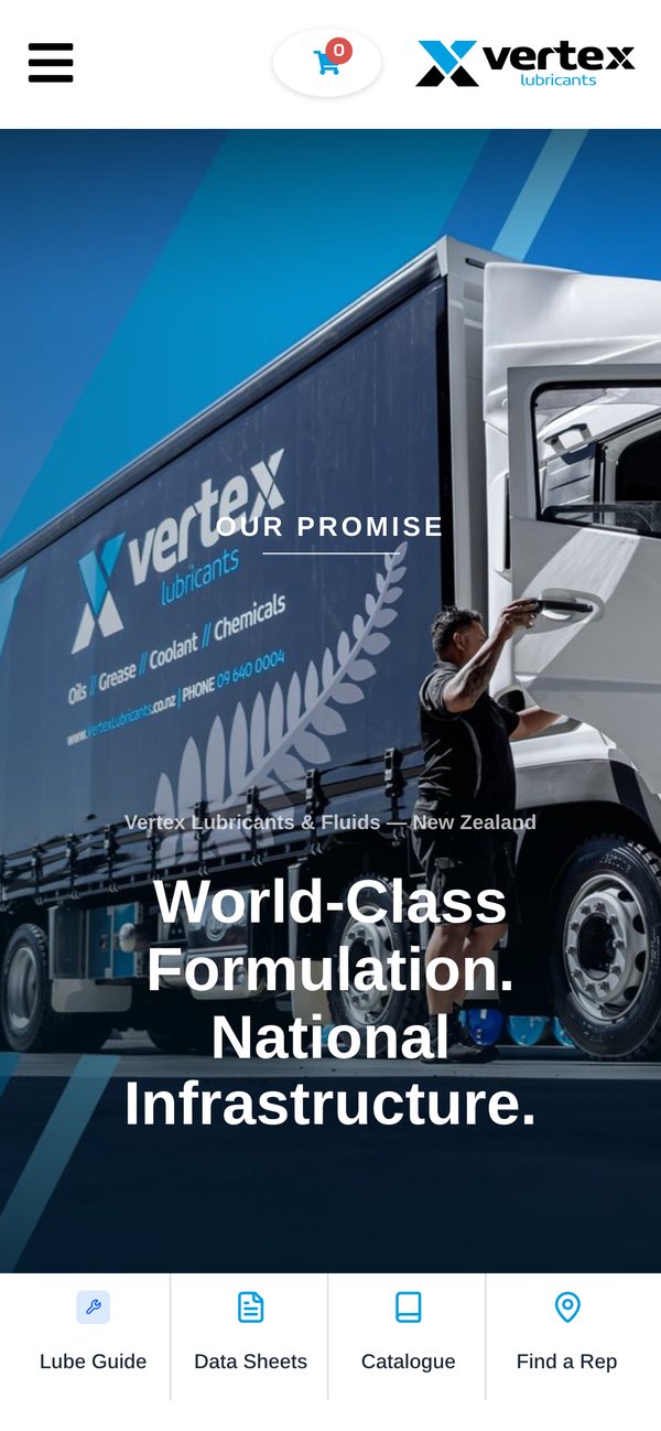 Vertex Lubricants website designed by Refined, mobile view