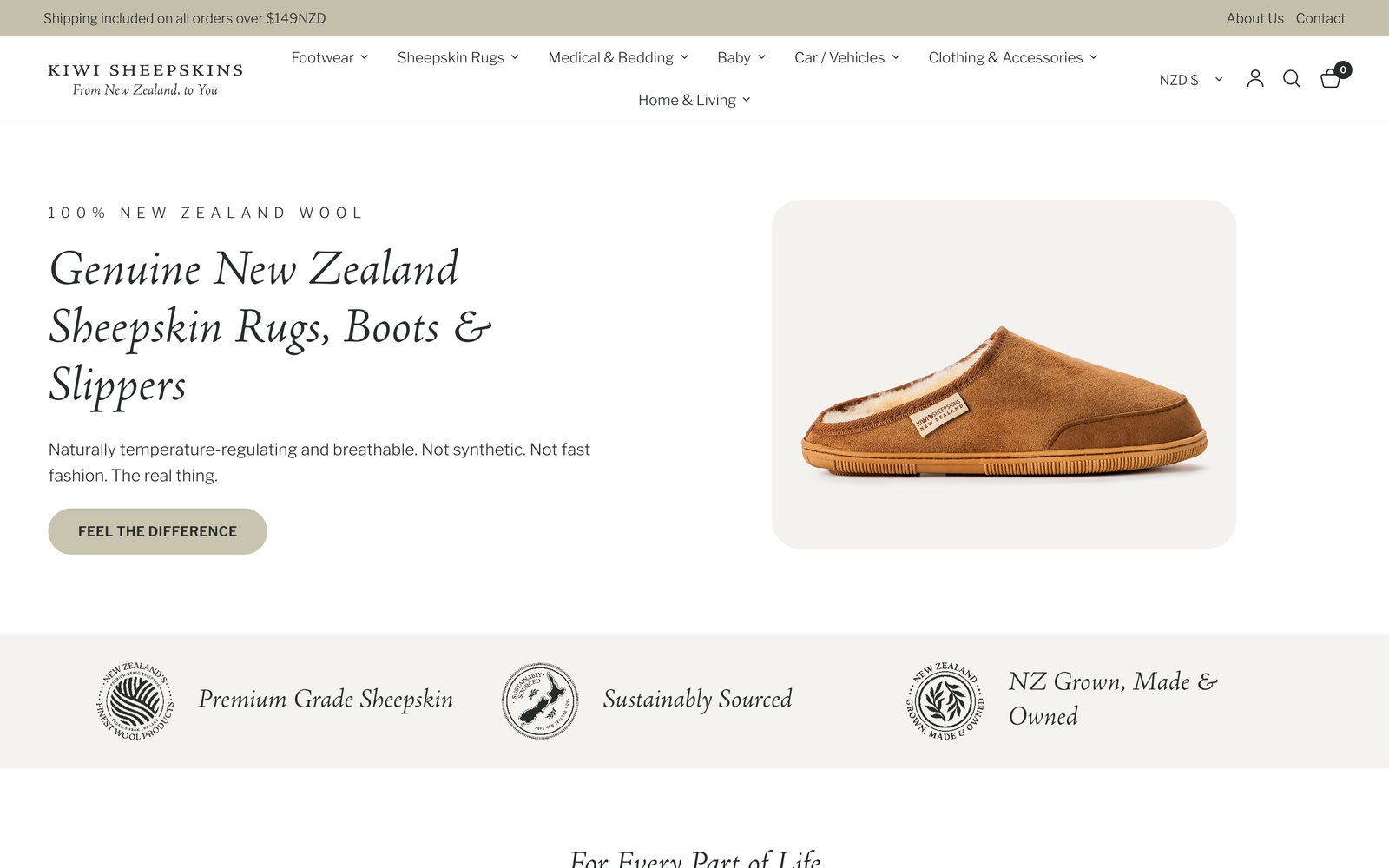 Kiwi Sheepskins website designed by Refined, desktop view