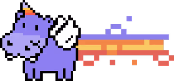 Pixel art of a purple hippo with a unicorn horn and white wings, leaving a rainbow trail.