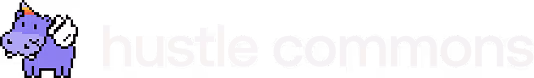 Hustle Commons logo with a purple cartoon cow wearing a party hat next to the text 'hustle commons'.