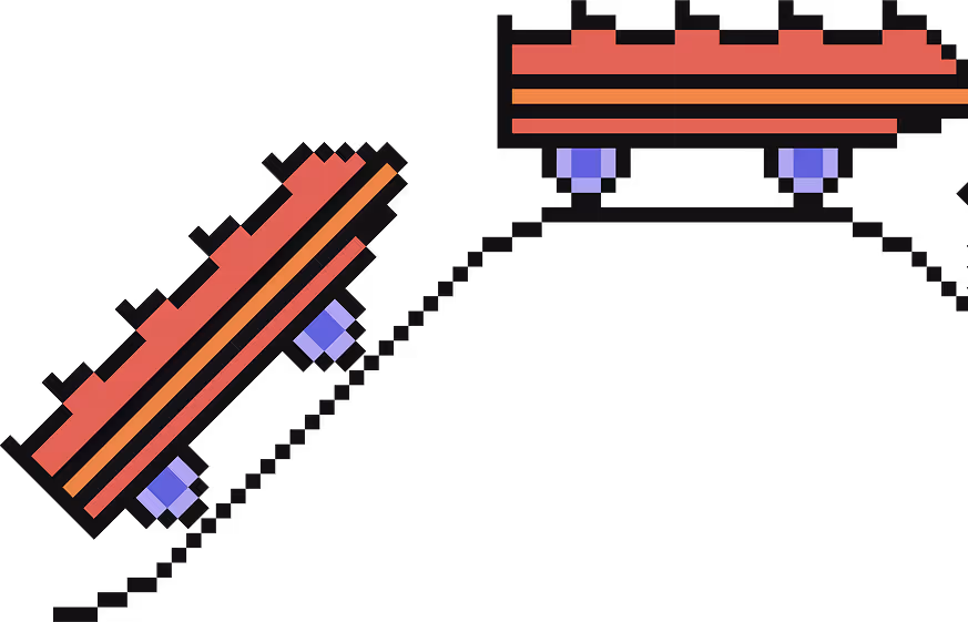 Pixel art style roller coaster with orange tracks and purple wheels going up and down a black track.