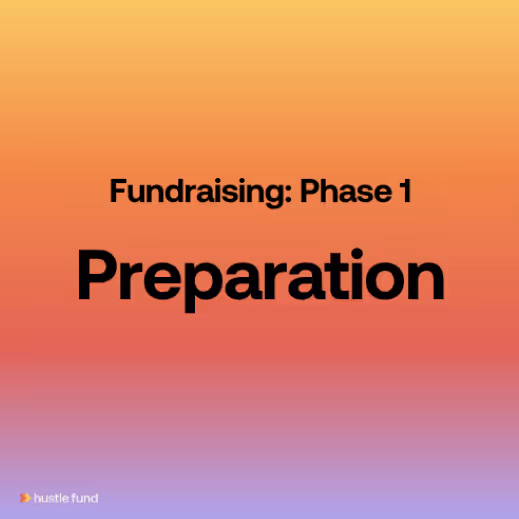 Text reading 'Fundraising: Phase 1 Preparation' on a gradient background transitioning from orange to purple, with a small hustle fund logo at the bottom left.