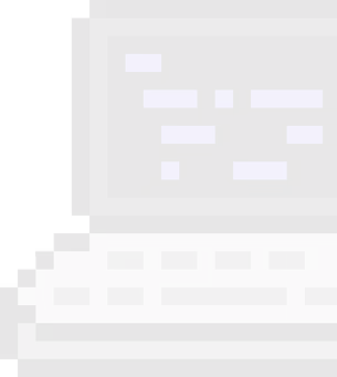 Pixelated illustration of a laptop with a dark screen displaying abstract purple shapes and a light gray keyboard.