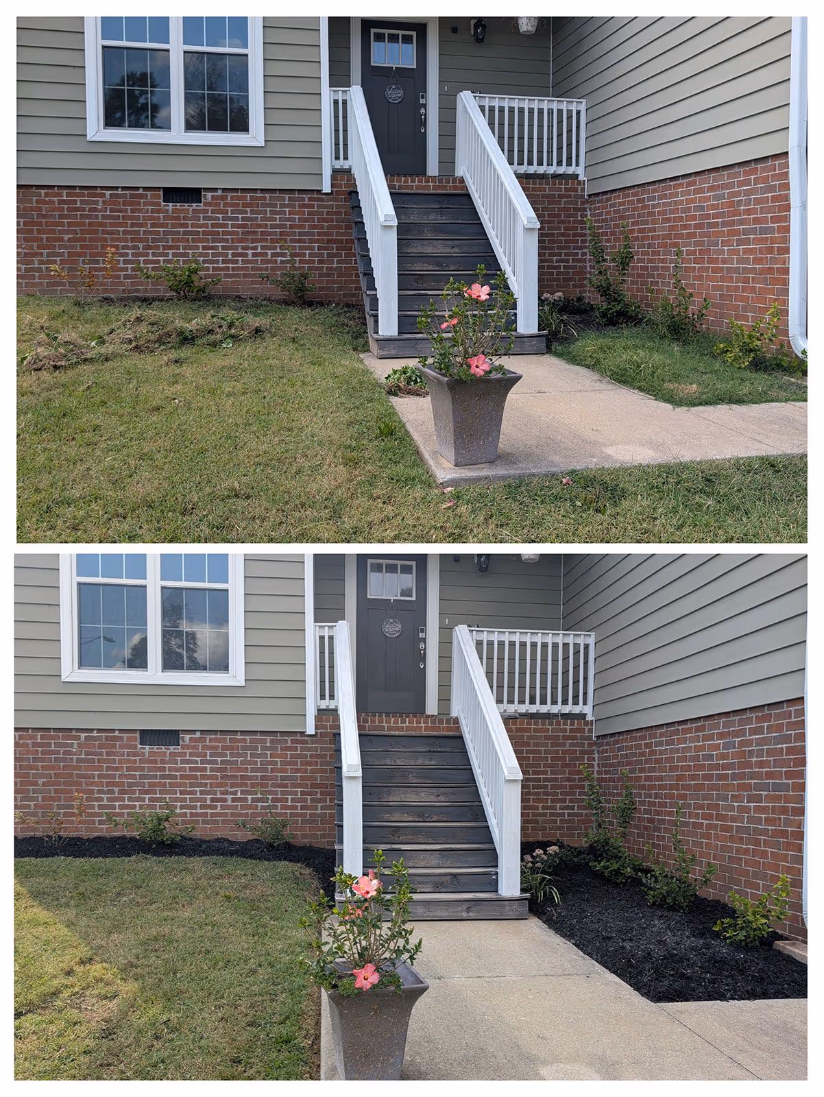 Landscape bed before and after seasonal maintenance with fresh mulch