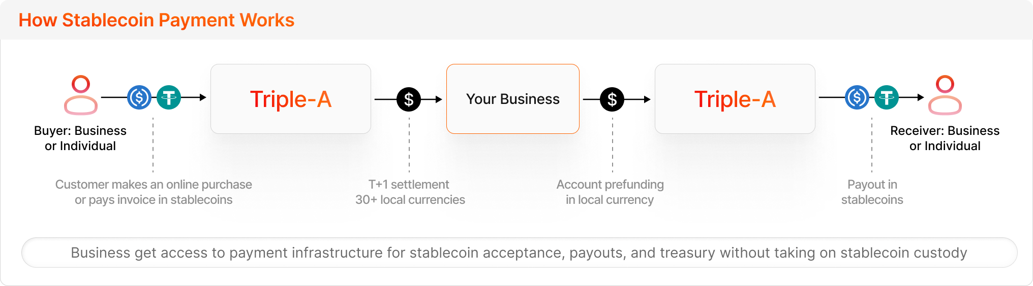 An image showing how stablecoin payments work, with money moving from buyers to businesses and businesses to suppliers, without the company having to hold the stablecoins on their books. Regulated providers like Triple-A manage the conversions between stablecoins and local currencies