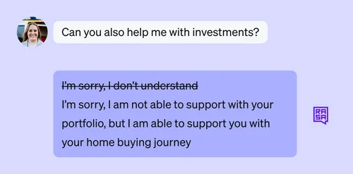 Chat conversation where a person asks for investment help and the reply states they cannot support investments but can assist with home buying.