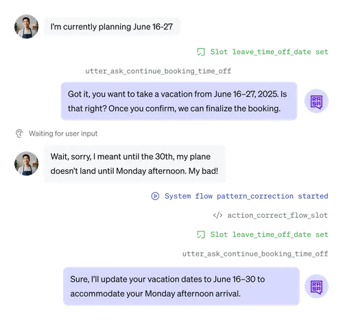 Chat conversation showing a user changing vacation plans from June 16-27 to June 16-30 due to plane arrival delay, with a virtual assistant confirming the update.