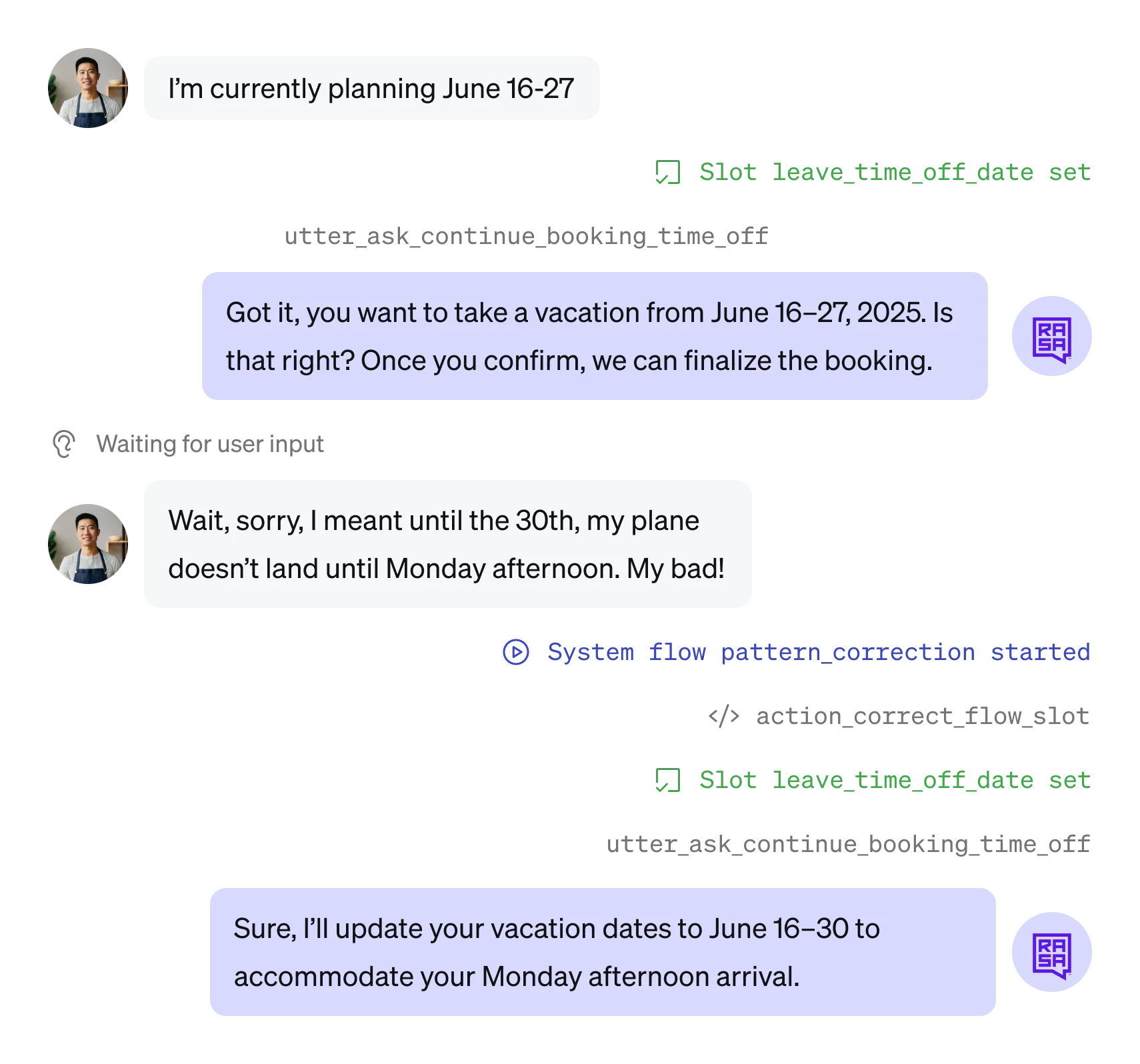 Chat conversation showing a user changing vacation plans from June 16-27 to June 16-30 due to plane arrival delay, with a virtual assistant confirming the update.