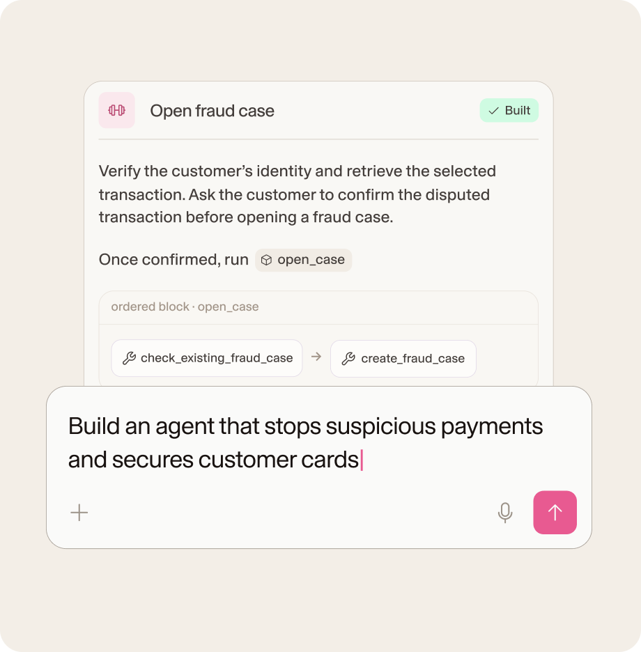 A prompt asking Rasa to build a banking agent that stops suspicious payments, above the generated Open fraud case skill
