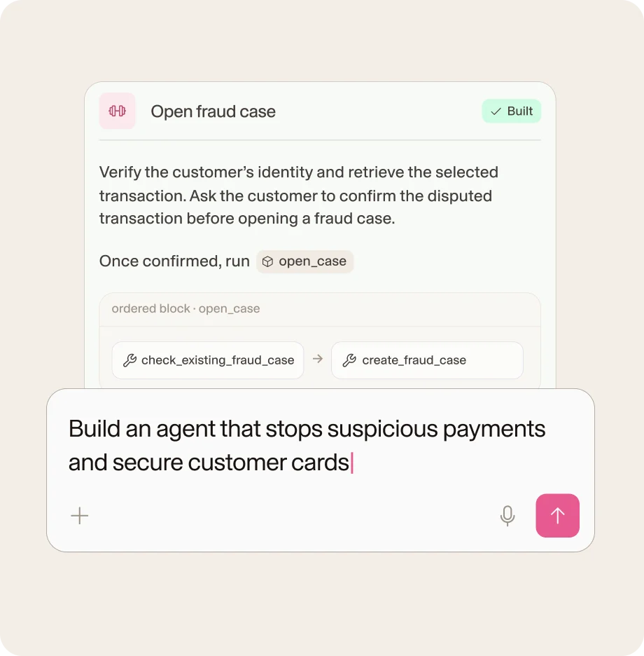 A prompt asking Rasa to build a banking agent that stops suspicious payments, above the generated Open fraud case skill