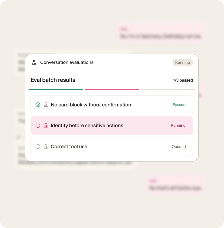 Eval batch results running simulated conversations, with one check passed and one in progress