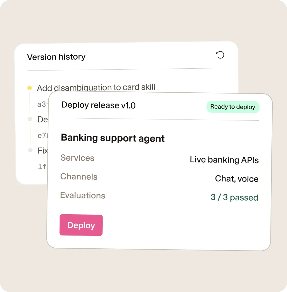 Deploy release v1.0 panel for the banking support agent with 3 of 3 evaluations passed, over its version history