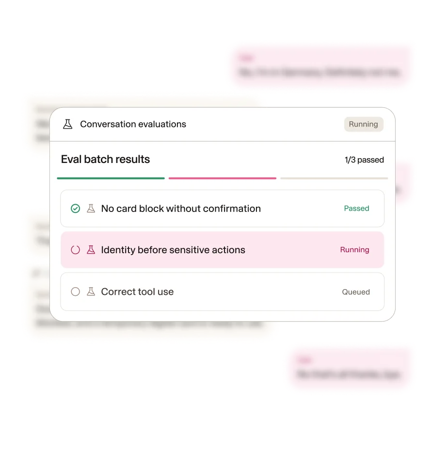 Eval batch results for simulated conversations, one passed and one running