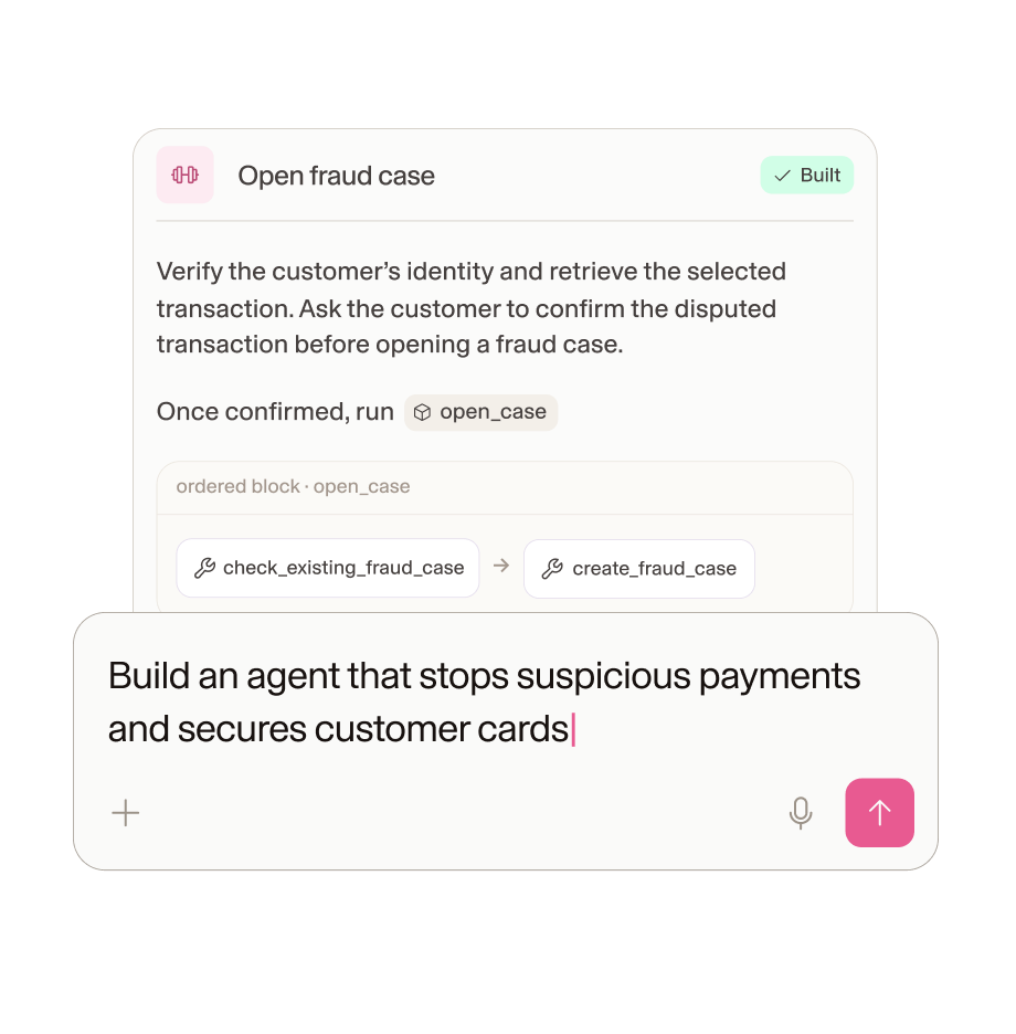 A prompt asking Rasa to build a banking agent, above the generated Open fraud case skill