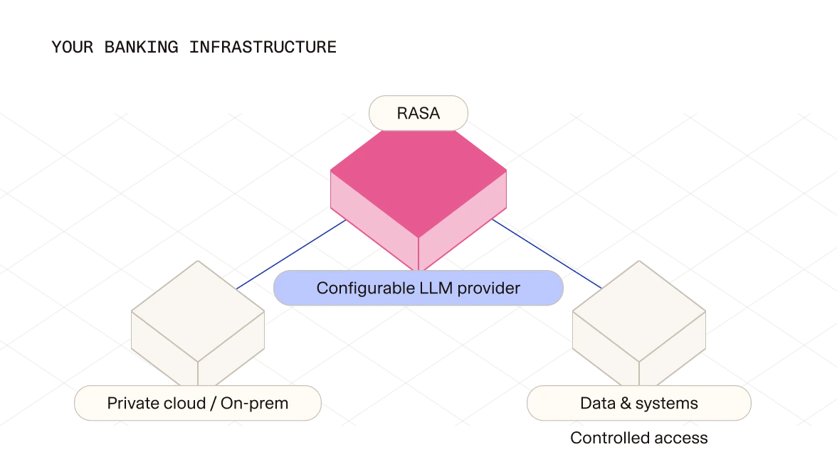 Rasa running inside your banking infrastructure, connected to private cloud or on-prem and to your data and systems through a configurable LLM provider