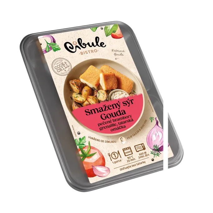 Balení smaženého sýra Gouda s pečenými brambory grenaille a tatarskou omáčkou značky Cibule Bistro.
