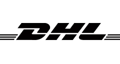 Logo společnosti DHL červeným písmem na žlutém pozadí.