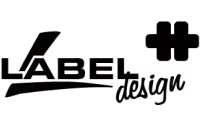 Logo Label Design s černým a růžovým textem na bílém pozadí.