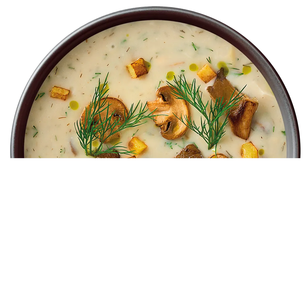 Miska kulajdy, tradiční české smetanové polévky s houbami, bramborovými krutonky a koprem.