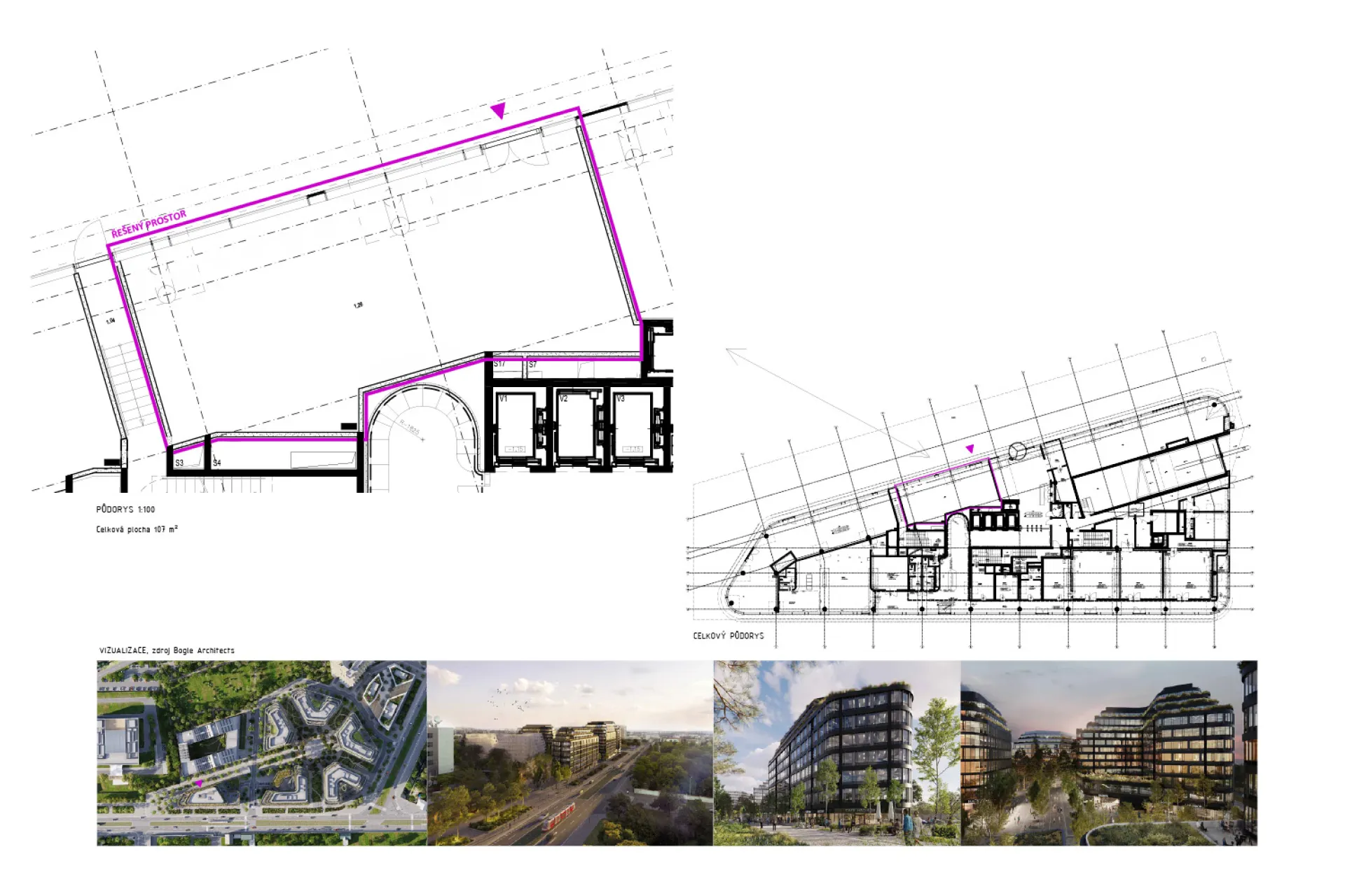 Plán prostoru kavárny s popisky uspořádání sezení a formy vybavení včetně fotografií klasického stolování, lounge sezení, lavic podél stěny, velkého barového stolu, kuchyňského ostrova a stěnového grafického prvku.
