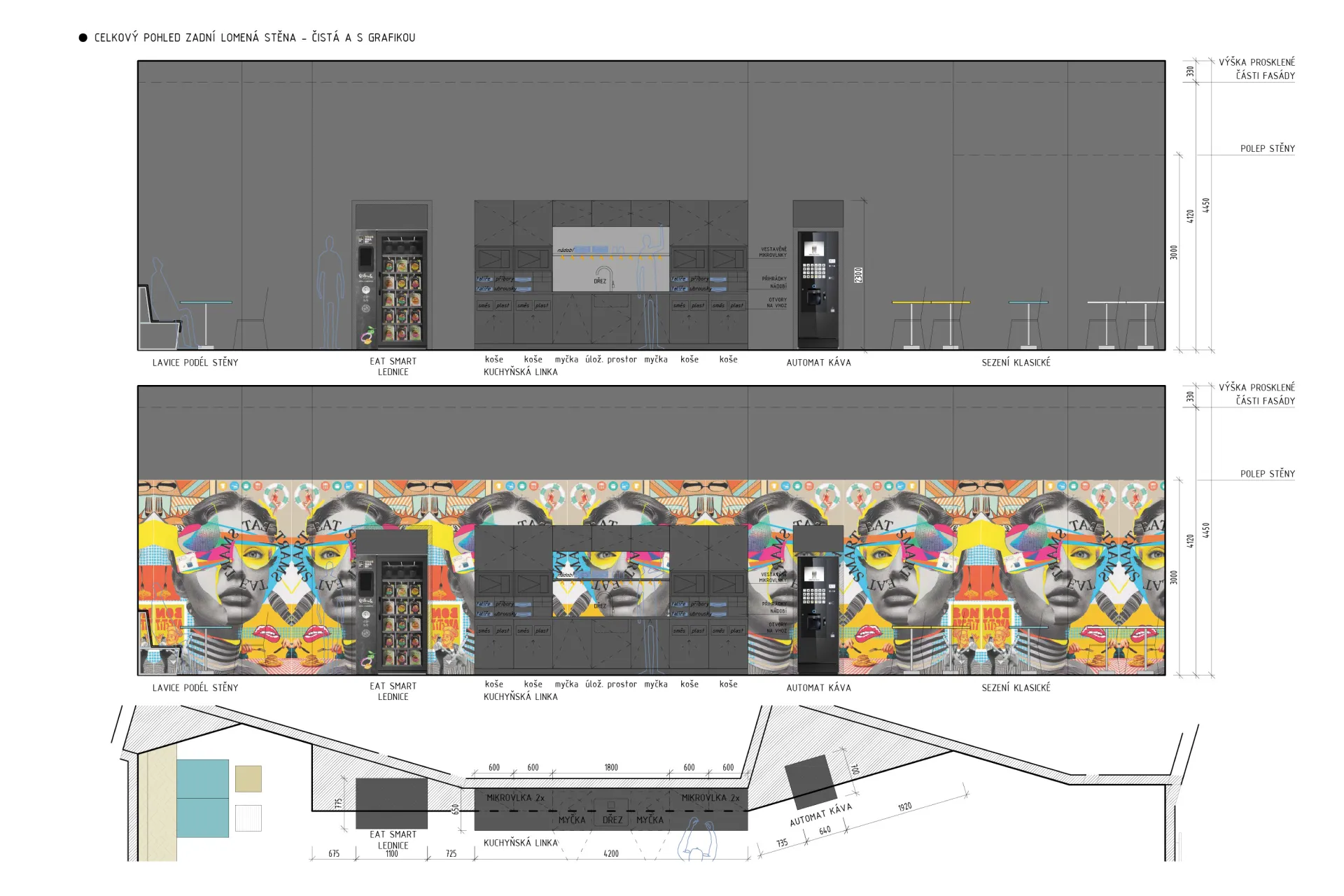 Schéma zadní zdi s klasickým a barevným grafickým potiskem, zobrazující uspořádání lavic, lednice Eat Smart, kuchyňské linky se dřezem a myčkou, a automatu na kávu.