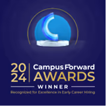 2024 Campus Forward Awards Winner logo with a blue circular trophy and text recognizing excellence in early career hiring.