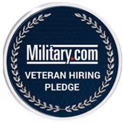 Military.com Veteran Hiring Pledge emblem with laurel wreath on dark blue background.