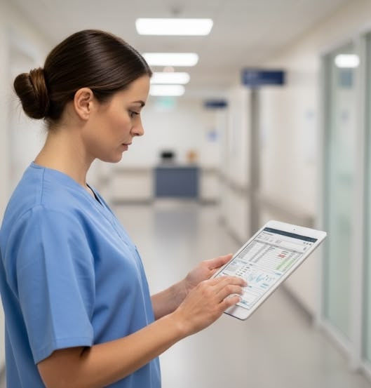 Nurse in blue scrubs using a digital tablet in a hospital corridor.
