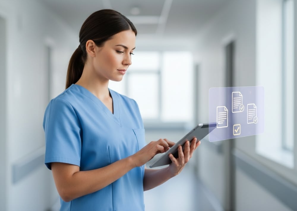 Nurse using tablet for digital checklist in hospital corridor.