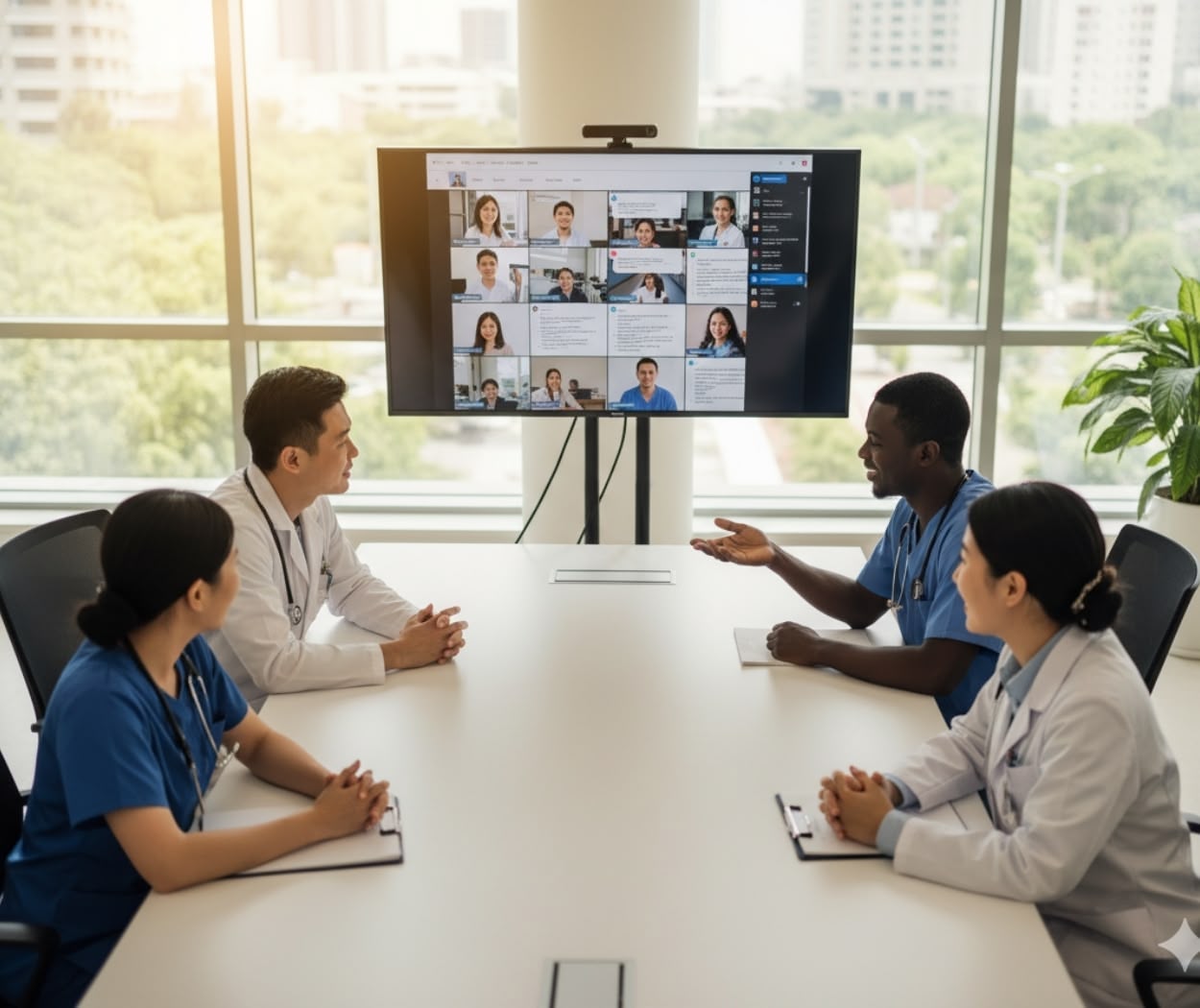 Doctors in a meeting room discuss in front of a large video conference screen displaying remote participants.