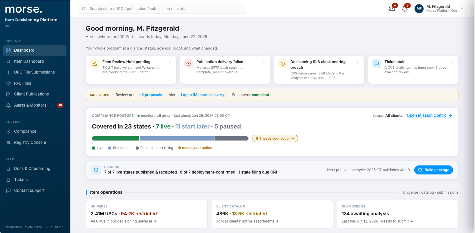 IDP program dashboard overview — posture, evidence, and item operations