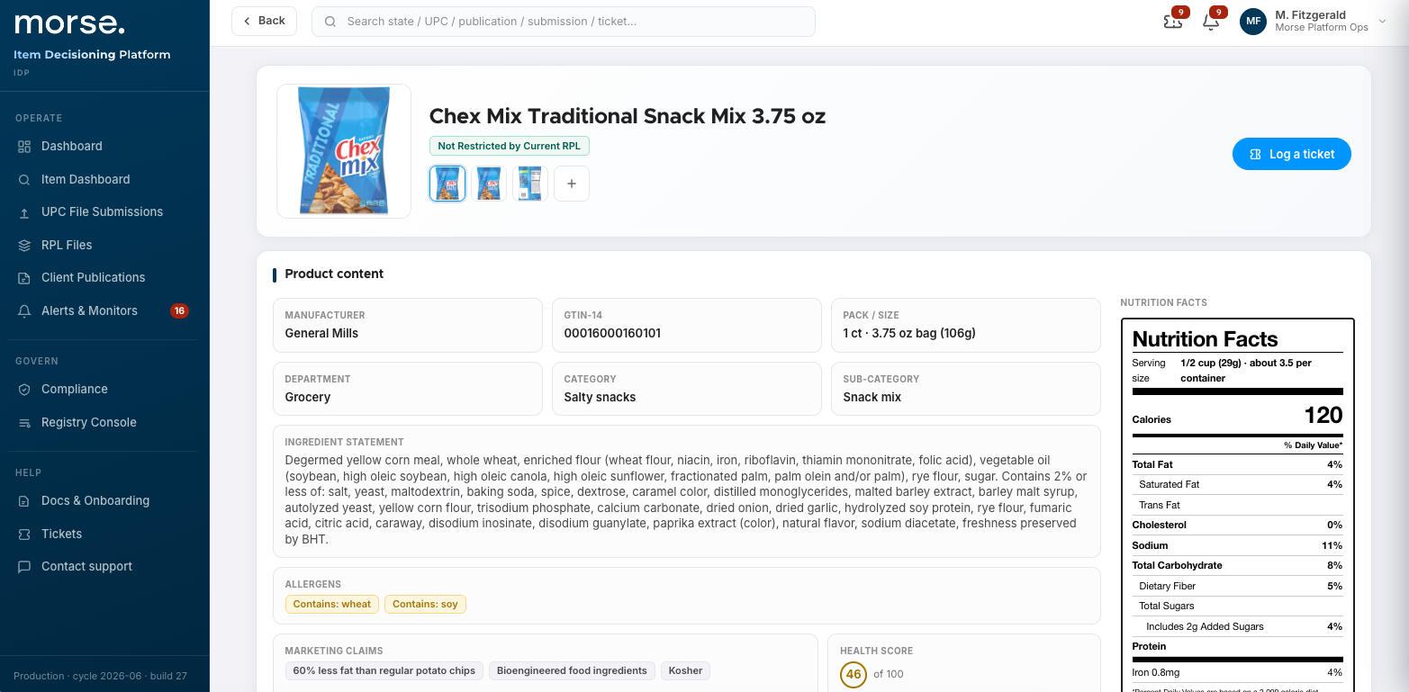 IDP item decision detail — Chex Mix, RPL status and nutrition evidence