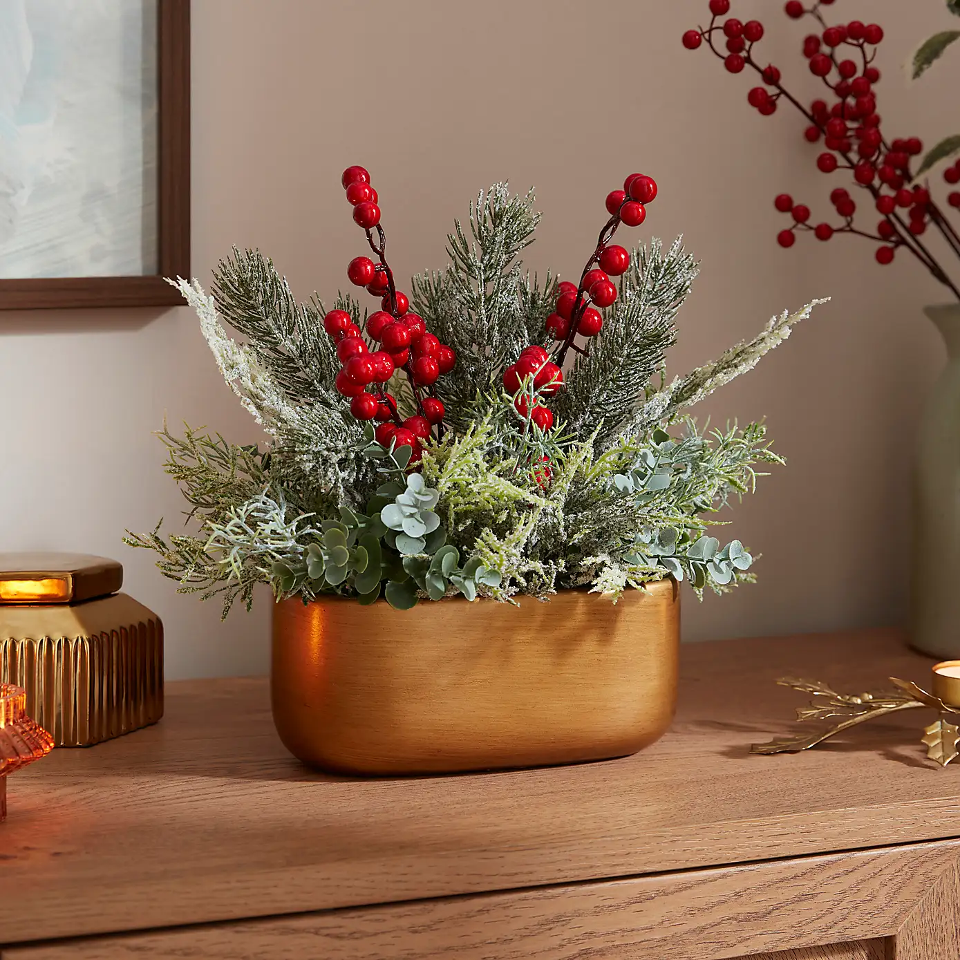 Artificial Frosted Berry Arrangement in a Gold Oval Plant Pot