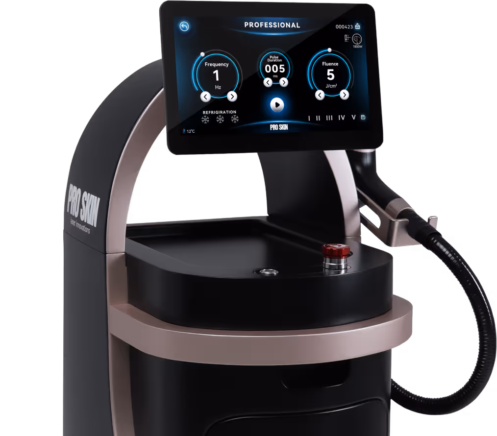Professional Pro Skin laser device with touchscreen displaying frequency, pulse duration, and fluence settings.